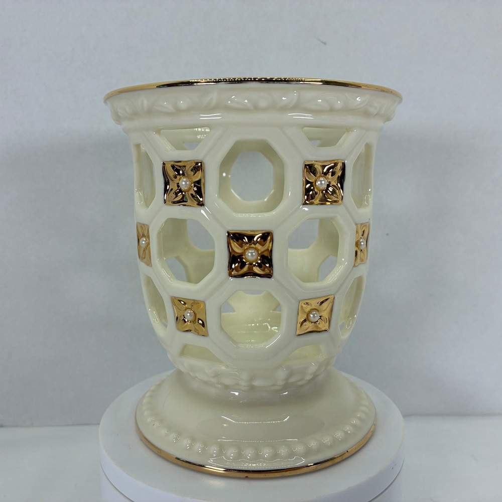 Lenox Illuminations Florentine & Pearl Votive Candle Holder Ivory Gold 5in